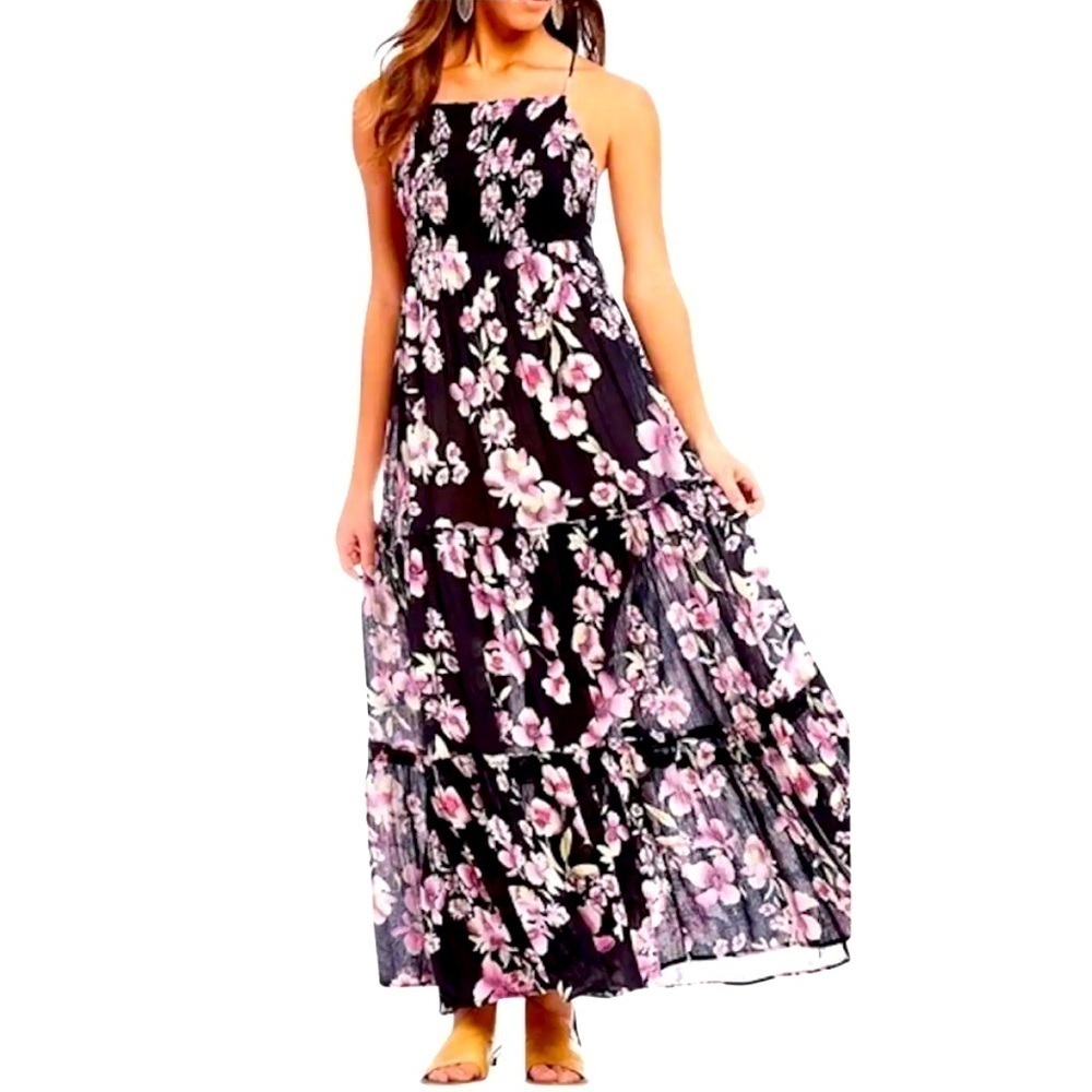 Free People Garden Party Floral Print Maxi tiered Dress Boho Cottagecore SZ S